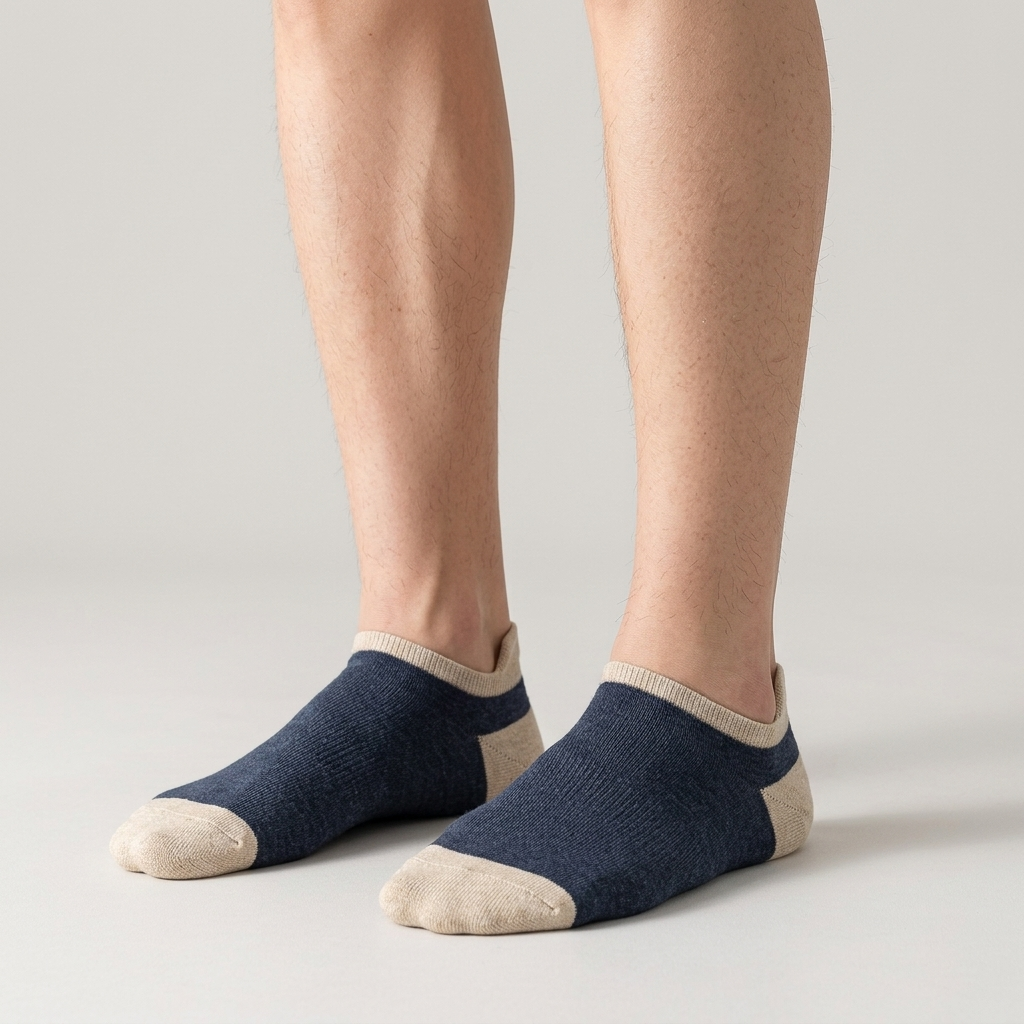 Indigo Cream Heel Tab wearing legs